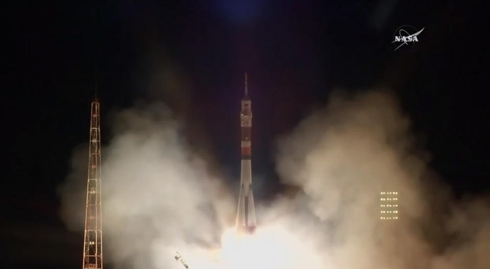 A Russian Soyuz rocket launches the Expedition 53 crew to the International Space Station on Sept. 12, 2017. The Soyuz carried American astronauts Mark Vande Hei, Joe Acaba and Russian cosmonaut Alexander Misurkin on a 6-hour trek to the station.. <cite>NASA TV</cite>