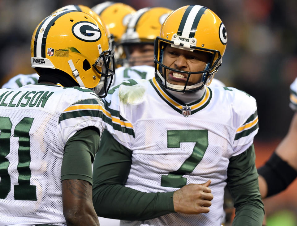 FILE - In this Dec. 10, 2017, file photo, Green Bay Packers quarterback Brett Hundley (7) celebrates during an NFL football game against the Cleveland Browns in Cleveland. A person familiar with the deal says that the Seattle Seahawks have acquired Hundley from the Packers. The person spoke Wednesday, Aug. 29, 2018, to The Associated Press on condition of anonymity because the trade hasn't been announced by the teams. ESPN.com first reported the deal. (AP Photo/David Richard, File)