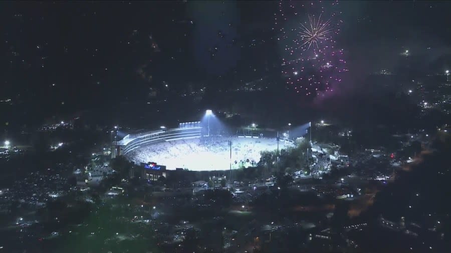A fireworks show lit up the night sky at the Rose Bowl in Pasadena on July 4, 2024. (KTLA)
