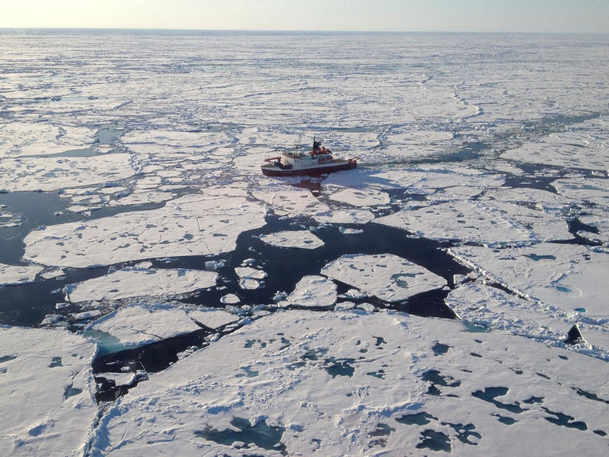 Scientists collected Arctic ice samples while on board the German research icebreaker Polarstern, seen here above the Lomonosov Ridge in the central Arctic Ocean: Alfred-Wegener-Institut/Rüdiger Stein