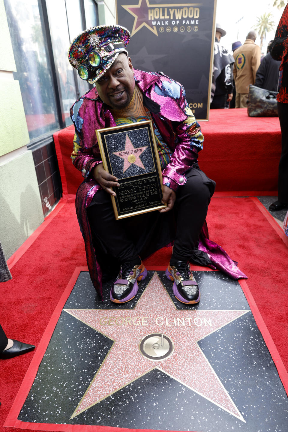 HOLLYWOOD, CALIFORNIA – JANUARY 19: George Clinton, sits by his star after the ceremony honoring George “Dr. Funkenstein” Clinton with a Star on Hollywood Walk Of Fame on January 19, 2024 in Hollywood, California.