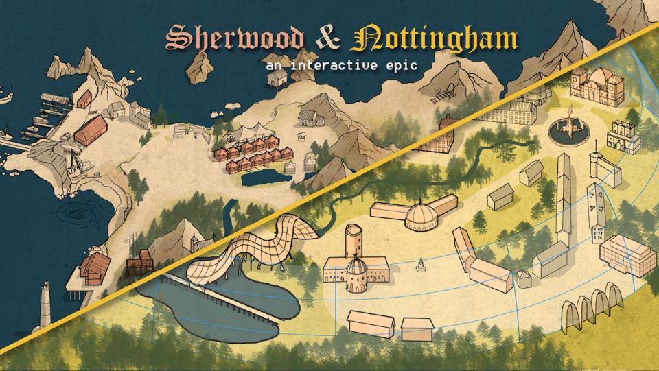 A split drawing of maps for a wooded areas with castles