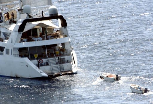 File photo of the luxury sailing ship "Le Ponant" being held hostage by Somali pirates off the Somalian coast. Six Somalis go on trial in a Paris court on May 22, 2012 charged with taking the crew of 30 hostage in the emerald, pirate-infested waters of the Gulf of Aden in 2008