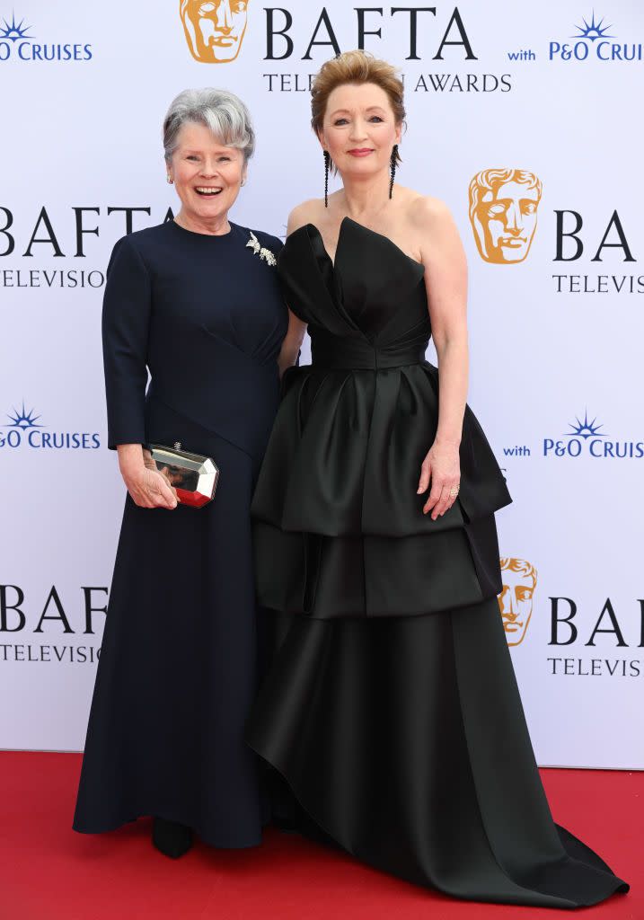 london, england may 14 l r imelda staunton and lesley manville attend the 2023 bafta television awards with po cruises at the royal festival hall on may 14, 2023 in london, england photo by karwai tangwireimage