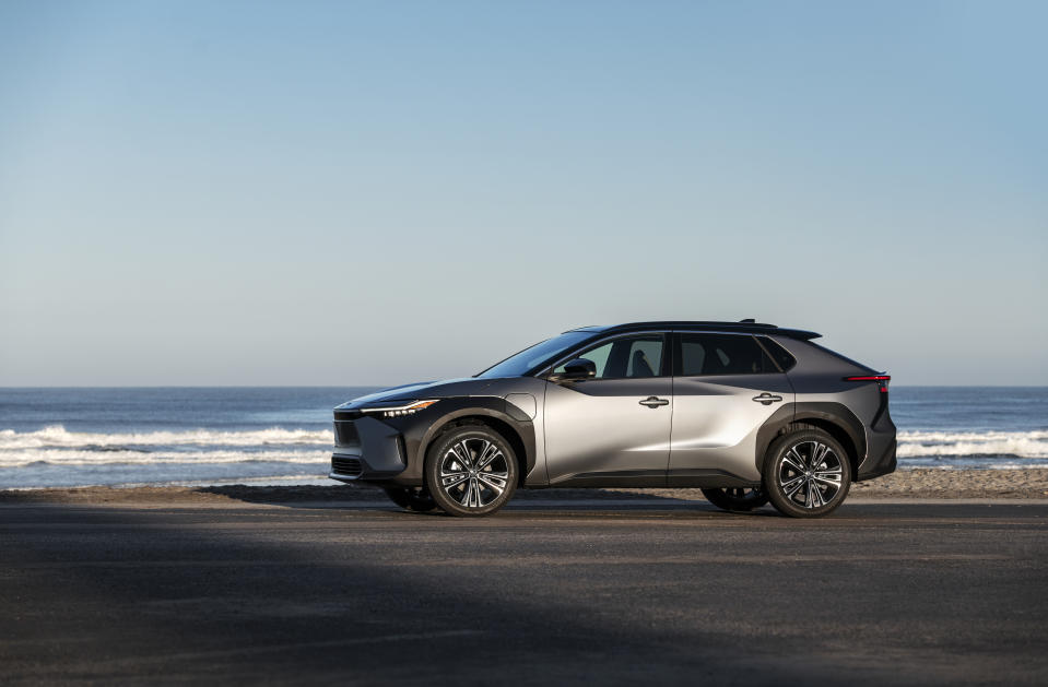 This photo provided by Toyota shows the Toyota bZ4X SUV Battery-Electric Vehicle. The company on Tuesday, April 12, 2022 unveiled the battery-powered bZ4X small SUV, which starts at $42,000 and can go up to 252 miles (406 kilometers) per charge. The bZ4X, which will be sold globally, adds to the 38 electric vehicle models now on sale in the U.S., with more than 120 expected by 2025. (Toyota via AP)