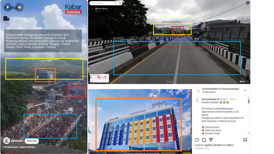 <span>Comparison of these features between the Kontan report (left), the same section of the road as seen on Google Street View (top right), and a picture of Horison Express Sentani as seen on its Instagram account (bottom right).</span>