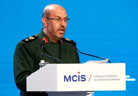 Iranian Defence Minister Hossein Dehghan delivers a speech as he attends the 5th Moscow Conference on International Security (MCIS) in Moscow, Russia, April 27, 2016. REUTERS/Sergei Karpukhin