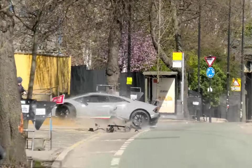 The Lamborghini was destroyed after crashing into a wall at a supercar event ()