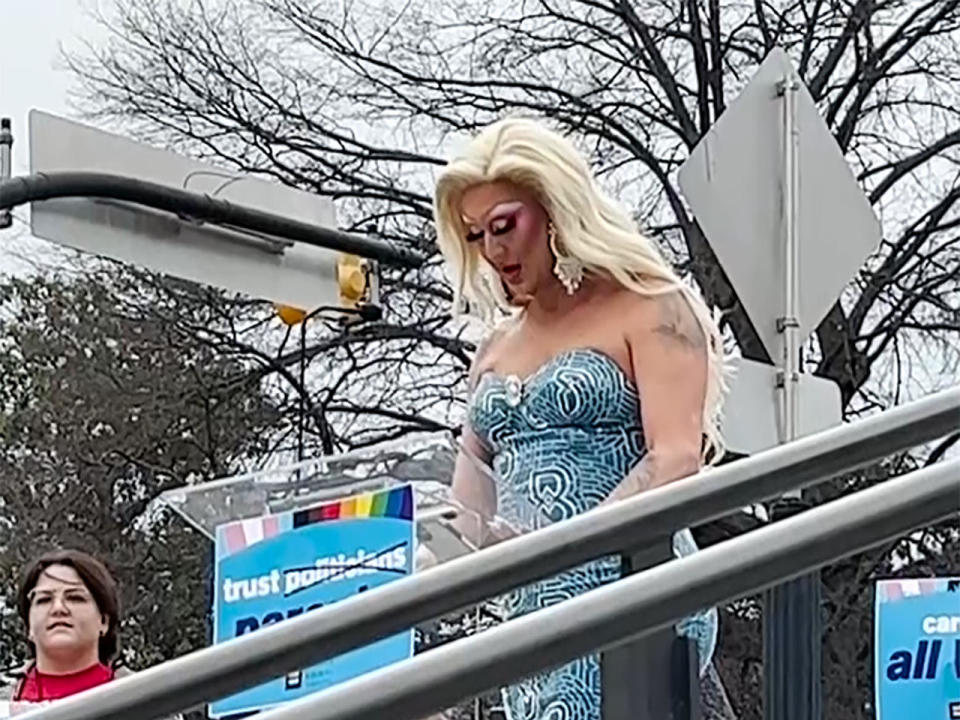 Drag performer Britney Banks speaks at a rally outside the State Capitol in Nashville, Tenn., on Valentine's Day.   / Credit: CBS News