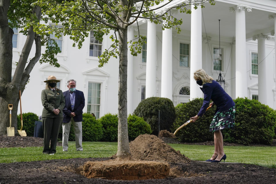 First lady Jill Biden participates in an Arbor Day tree planting ceremony at the White House, Friday, April 30, 2021, in Washington. (AP Photo/Evan Vucci)