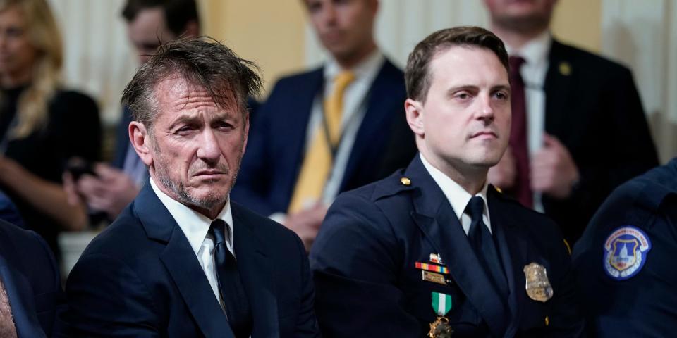 Actor Sean Penn and DC Metropolitan Police Department officer Daniel Hodges at the January 6 committee hearing on Capitol Hill on June 23, 2022.