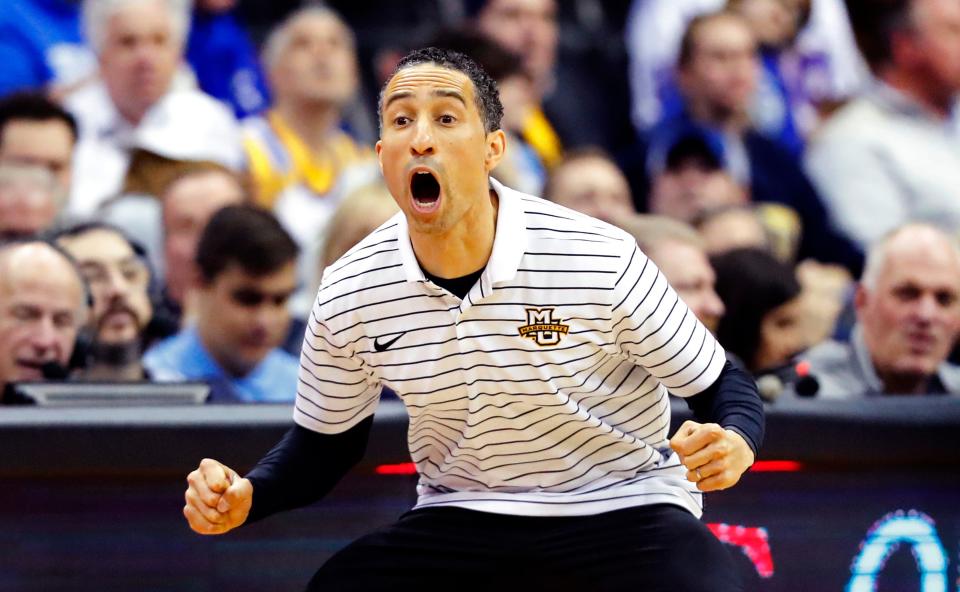 Marquette head coach Shaka Smart reacts during the second half of an NCAA college basketball game against Seton Hall in Newark, N.J., Saturday, Jan. 21, 2023. (AP Photo/Noah K. Murray)