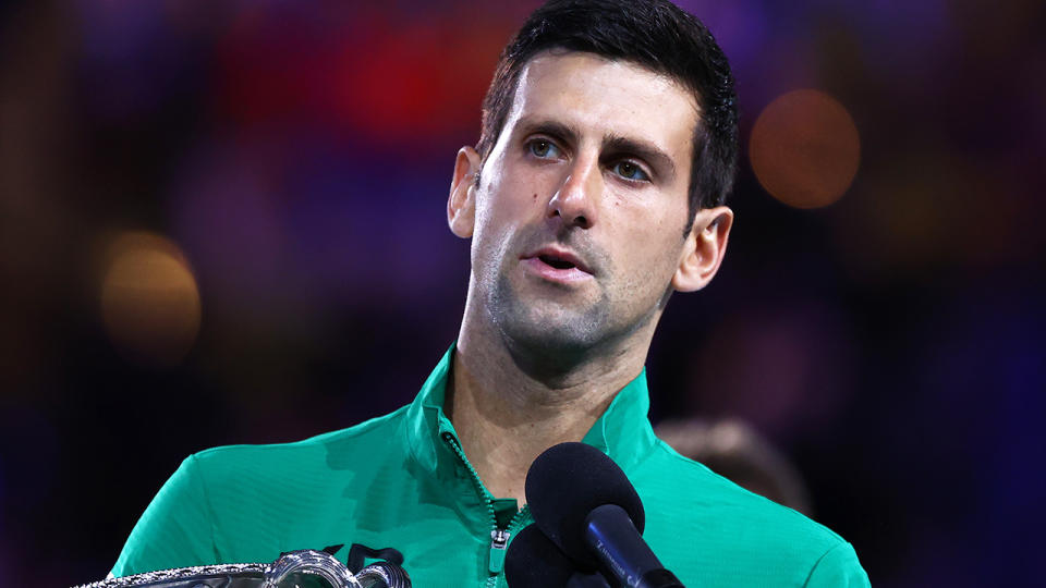 Novak Djokovic, pictured here speaking to the crowd after winning the Australian Open.