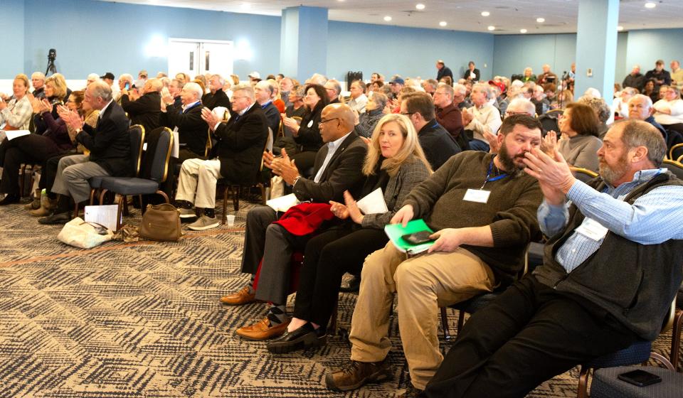 A full conference room gives their applause after featured guest speaker Lisa Quattrocki Knight finished her presentation at the "Close to the Wind" summit in Hyannis on Saturday afternoon.