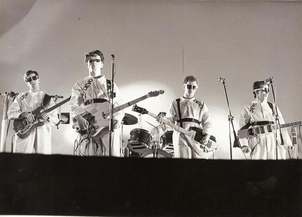 An early, undated photo of the art-rock band Devo onstage