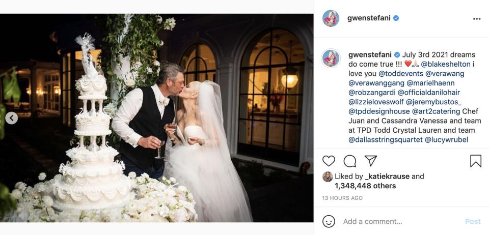 A screenshot of Gwen's Instagram showing Blake Shelton and Gwen Stefani kissing at their wedding.