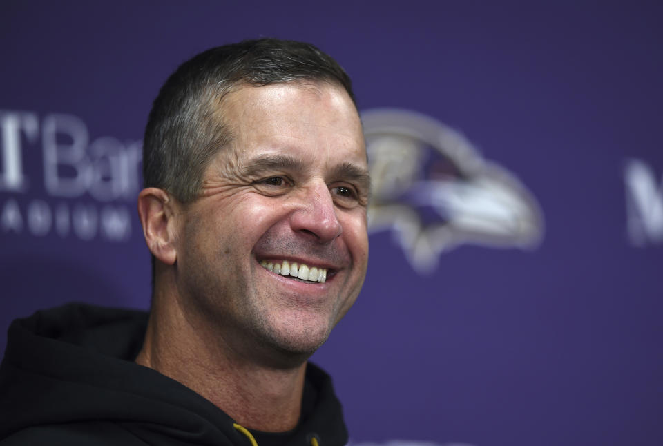 The Ravens will reportedly keep John Harbaugh around. (AP Photo/Gail Burton)