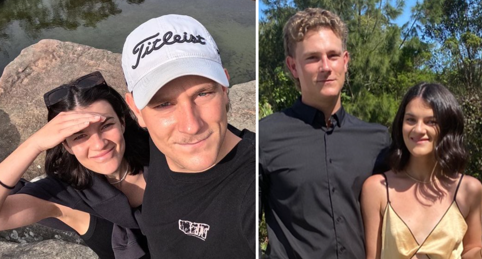 Left, Home buyers Maddie Langshaw and fiancé Ante smile at the camera while on a hike in Sydney. Right, they pose together at a wedding.  