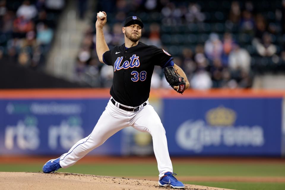 New York Mets pitcher Tylor Megill throws during the first inning of a baseball game against the Philadelphia Phillies on Friday, April 29, 2022, in New York.