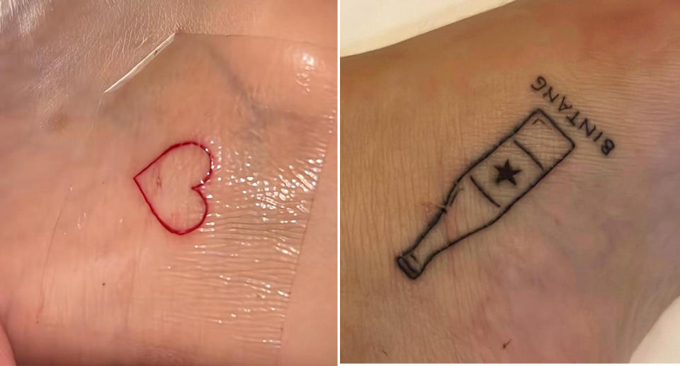 A love heart tattoo (left) and a Bintang beer bottle tattoo (right). 