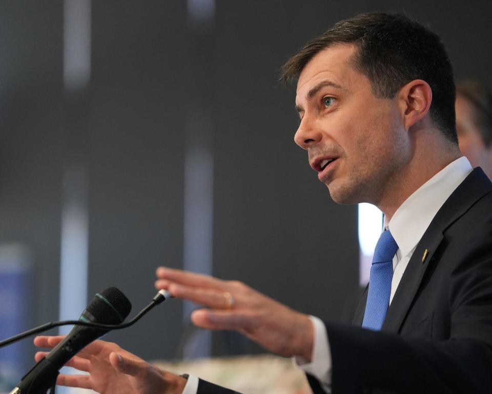 U.S. Secretary of Transportation Pete Buttigieg speaks during a press conference to announce infrastructure investments in Arizona at the Nina Mason Pulliam Rio Salado Audubon Center on Thursday, Aug. 11, 2022, in Phoenix. The projects are funding as a result of the Bipartisan Infrastructure Law passed last November.