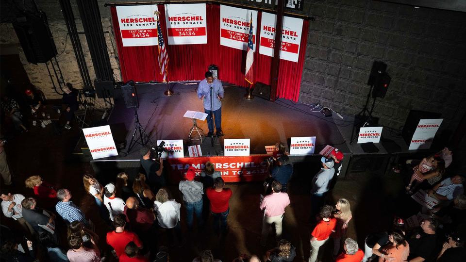 Heisman Trophy winner and Republican candidate for US Senate Herschel Walker speaks at a rally on May 23, 2022 in Athens, Georgia. Tomorrow is the Primary Election Day in the state of Georgia.