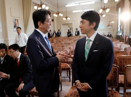 Japan's Prime Minister Shinzo Abe (L) talks with Shinjiro Koizumi at the party lawmakers' meeting after the dissolution of the lower house was announced at the Parliament in Tokyo