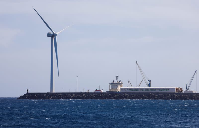 FILE PHOTO: A wind turbine of the Siemens Gamesa company located at the Port of Arinaga is seen from Arinaga beach on Gran Canaria Island