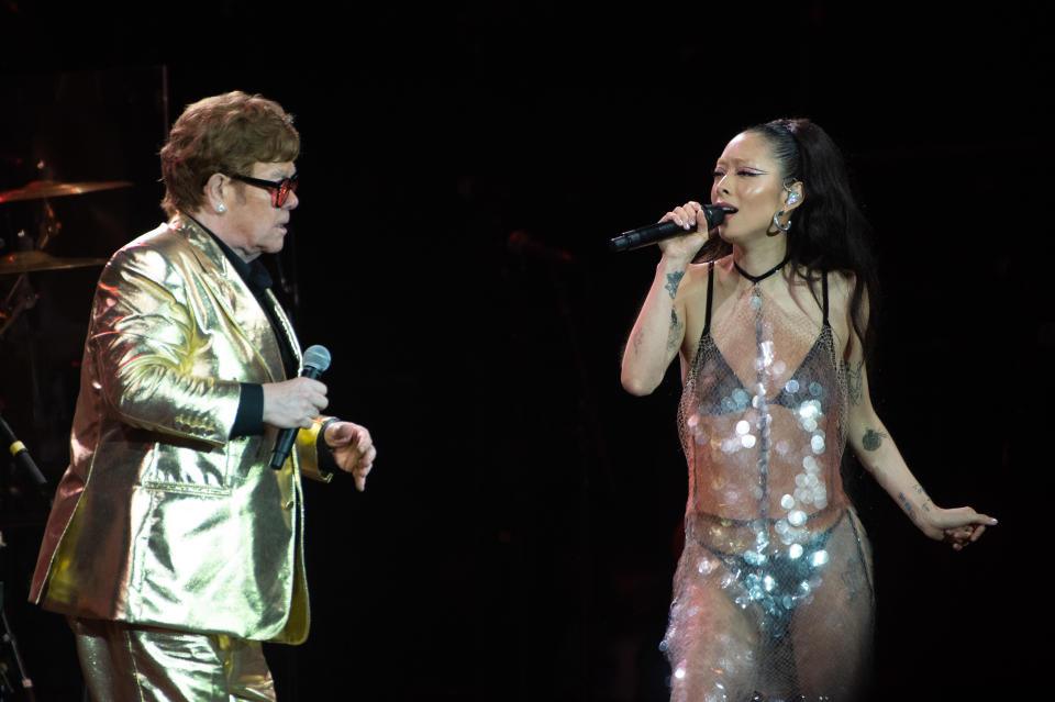 Elton John and Rina Sawayama perform at Day 5 of Glastonbury Festival 2023 on June 25, 2023 in Glastonbury, England. (Photo by Joseph Okpako/WireImage)
