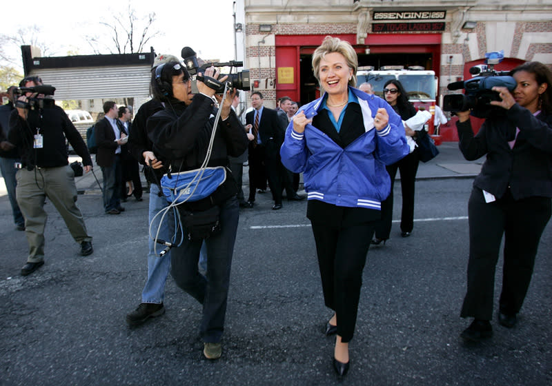 Hillary Clinton in a periwinkle track jacket on April 19, 2006