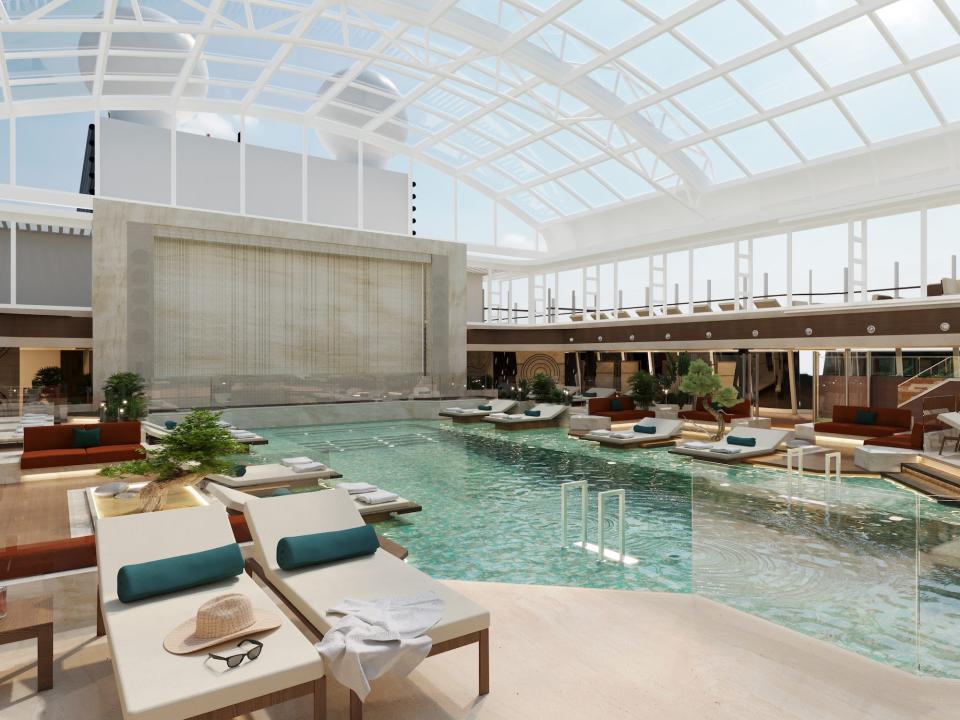 A rendering of the Explora I's indoor pool with lounge chairs and a ceiling with windows showing blue skies.