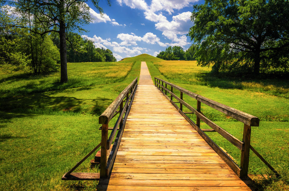 A boardwalk cuts through a grassy area toward the Ocmulgee Mounds.