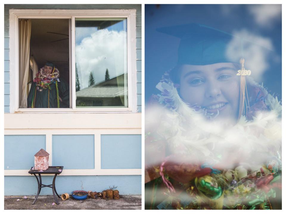 Asha Silva, a Leilehua High School graduate, shows off her colorful leis at her home in Mililani, Hawaii, on May 23. (Marie Eriel Hobro for HuffPost)