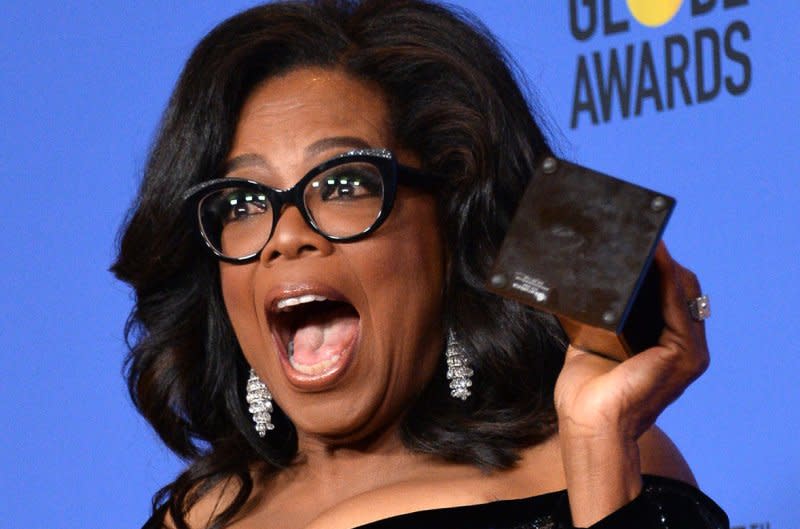 Oprah Winfrey, recipient of the Cecil B. DeMille Award appears backstage during the Golden Globe Awards at the Beverly Hilton Hotel in Beverly Hills, Calif., in 2018. File Photo by Jim Ruymen/UPI