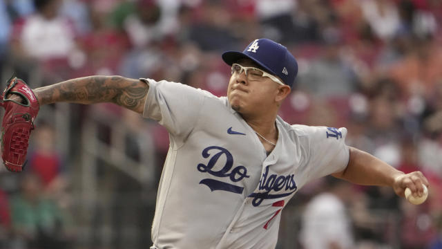 Relief pitcher Julio Urias of the Los Angeles Dodgers pitches against