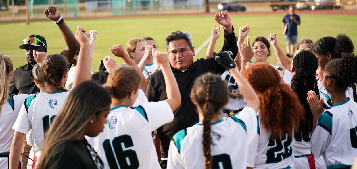 Jensen Beach battles Lincoln Park Academy in a Region 3-1A semifinal flag football game on Tuesday, April 23, 2024 at Lawnwood Stadium in Fort Pierce. The Falcons won 26-0.