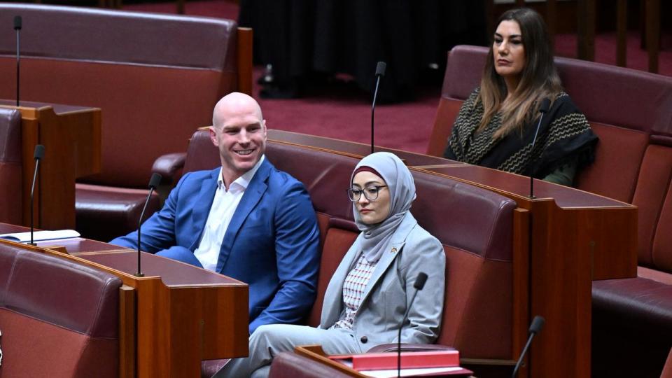 Senator Fatima Payman (centre) after crossing the floor.