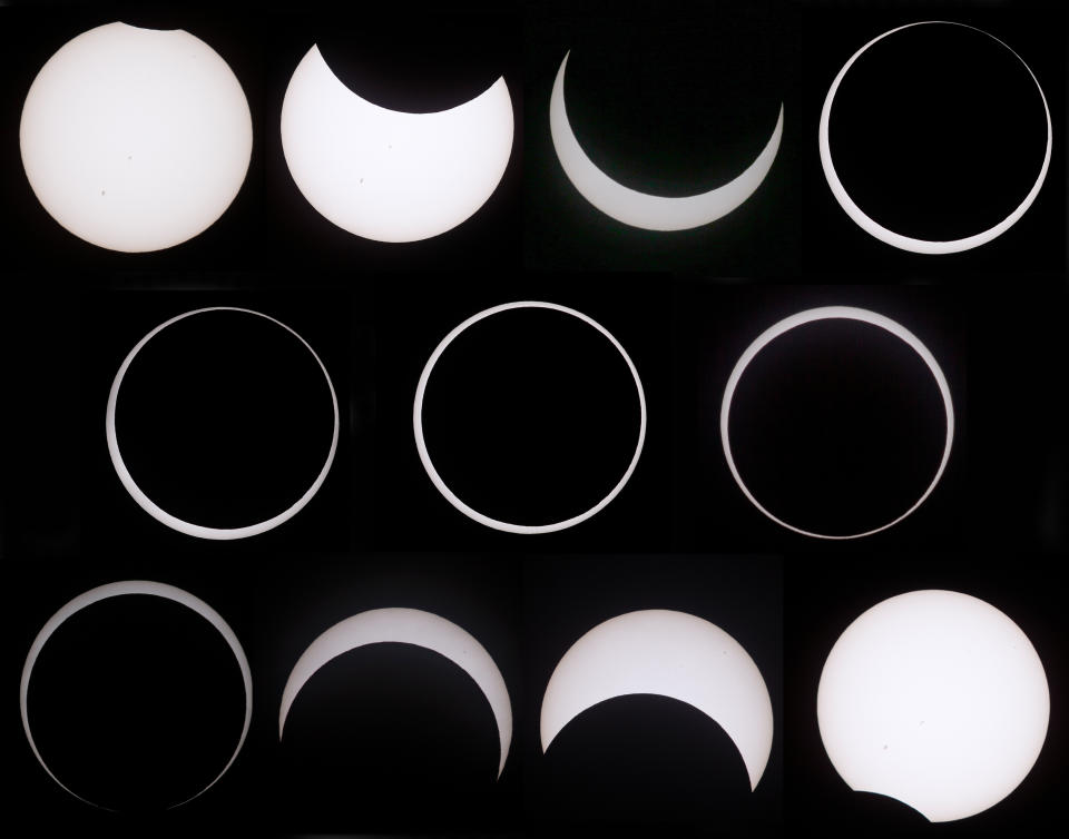 CAPITOL REEF NATIONAL PARK, UTAH – OCTOBER 14: A compilation of photographs shows the progress of the Annular Solar Eclipse on October 14, 2023 in Capitol Reef National Park, Utah. Starting at the Oregon coast and concluding on the east coast of South America an annular solar eclipse, where the moon is at its farthest from the Earth, will project a halo of sunlight around the moon’s border. (Photo by George Frey/Getty Images)