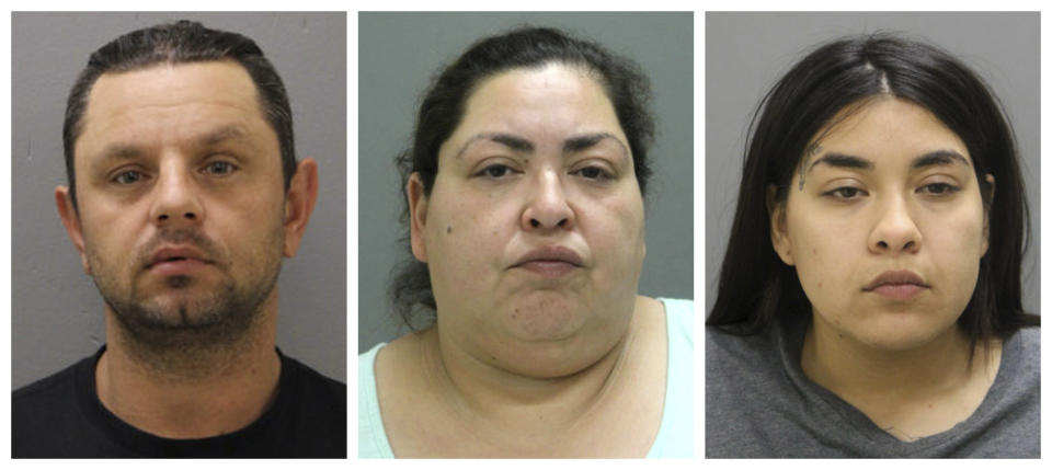 This combination of booking photos provided by the Chicago Police Department on Thursday, May 16, 2019 shows from left, Pioter Bobak, 40; Clarisa Figueroa, 46; and Desiree Figueroa, 24. Charges against them come three weeks after 19-year-old Marlen Ochoa-Lopez disappeared and a day after her body was discovered in a garbage can in the backyard of Clarissa Figueroa's home in Chicago's Southwest Side. Police said the teenager was strangled and her baby cut from her body. (Chicago Police Department via AP)