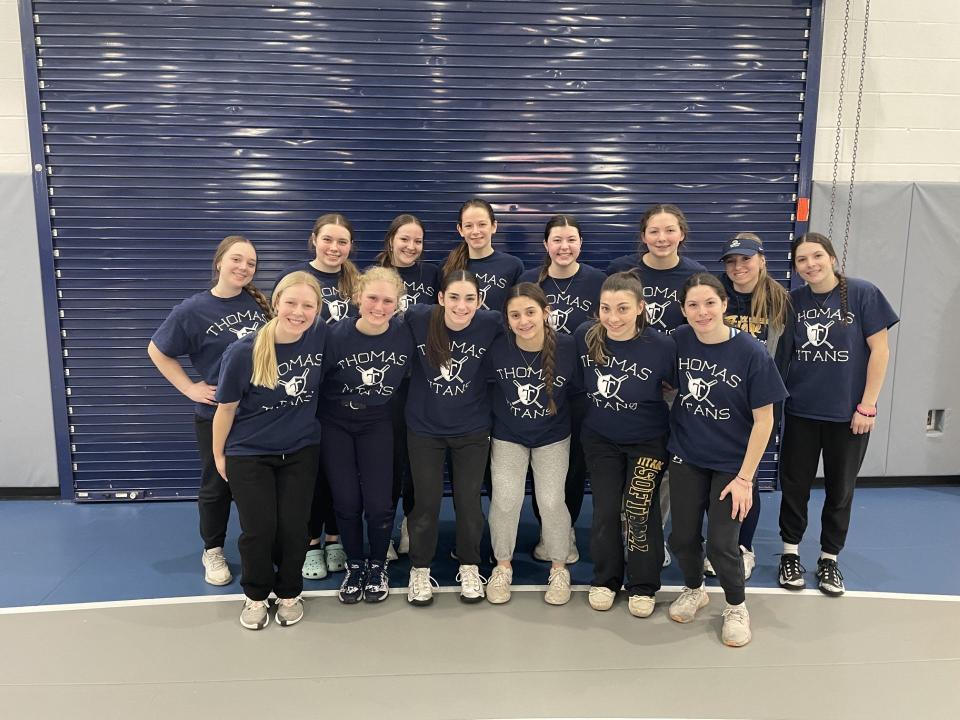 Webster Thomas' softball team following a scrimmage against Pittsford Mendon inside the Titans' fieldhouse Saturday, March 23, 2024. Thomas is the reigning Section V Class A champion.