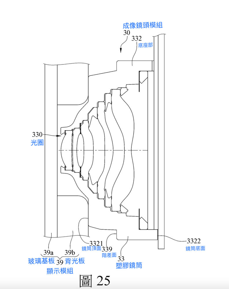 側面來看大立光所申請的螢幕下鏡頭專利圖。中華民國專智慧財產局專利資訊檢索系統提供