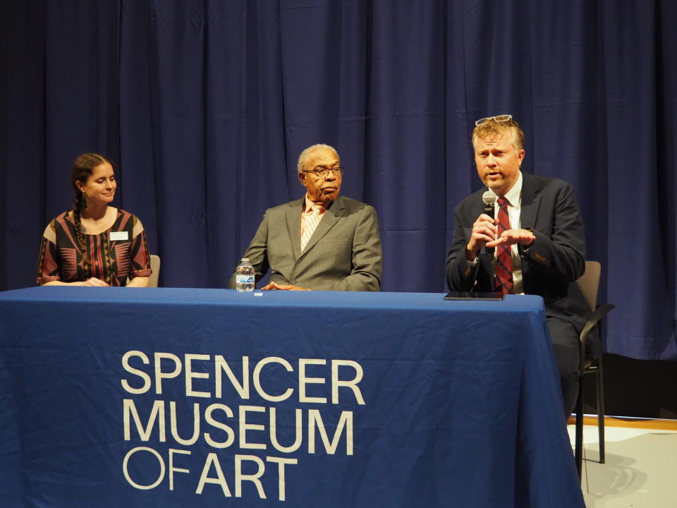 Sydney Pursel, curator of public practice at Spencer Museum of Art at University of Kansas, the Rev. Wheeler Parker and Dave Tell, a KU professor of communication studies, discuss art and historical exhibits at Spencer Museum tied to the murder of 14-year-old Emmett Till in 1955