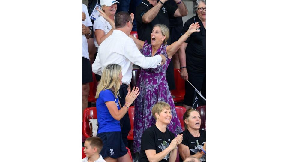 Sophie, Duchess of Edinburgh celebrates after Team GB claim gold at the olympics