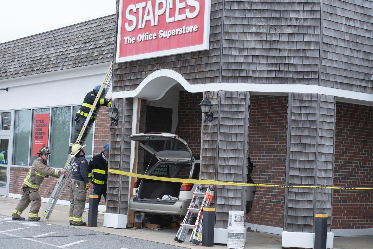 A man that drove a car into the Staples office supply store just before noon Saturday in Orleans brought firefighters and a technical rescue team to the scene at 136 Route 6A.