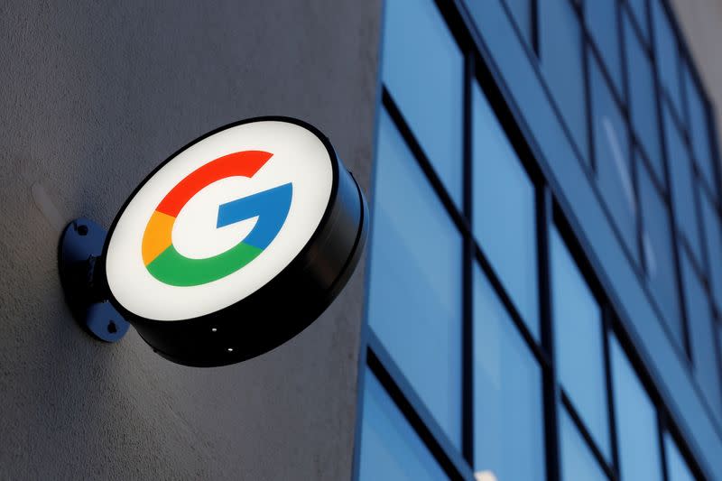 FILE PHOTO: A sign is seen at the entrance to the Google retail store in the Chelsea neighborhood of New York City