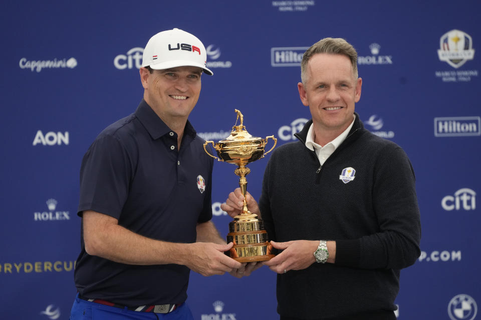 USA's Captain Zach Johnson, left, and Europe's Captain Luke Donald pose for photographers at the end of a press conference at the Marco Simone Golf Club in Guidonia Montecelio, Monday, Sept. 25, 2023. The Marco Simone Club on the outskirts of Rome will host the 44th edition of The Ryder Cup, the biennial competition between Europe and the United States headed to Italy for the first time. (AP Photo/Gregorio Borgia)