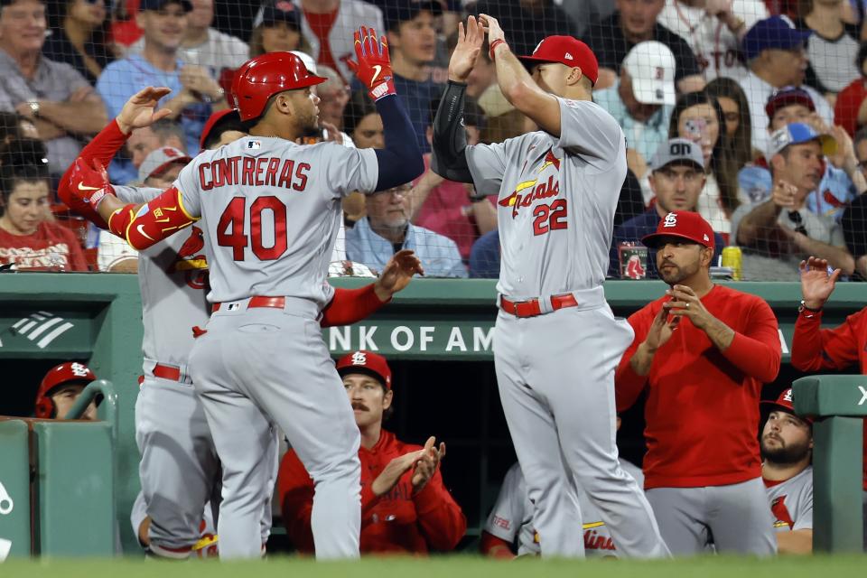 St. Louis Cardinals' Willson Contreras (40) celebrates after his solo home run during the sixth inning of a baseball game against the Boston Red Sox, Friday, May 12, 2023, in Boston. (AP Photo/Michael Dwyer)