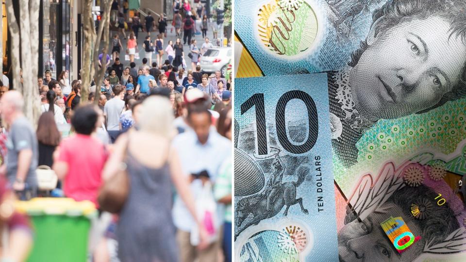 Pedestrians in Australia, close up of Australian cash. (Images: Getty).