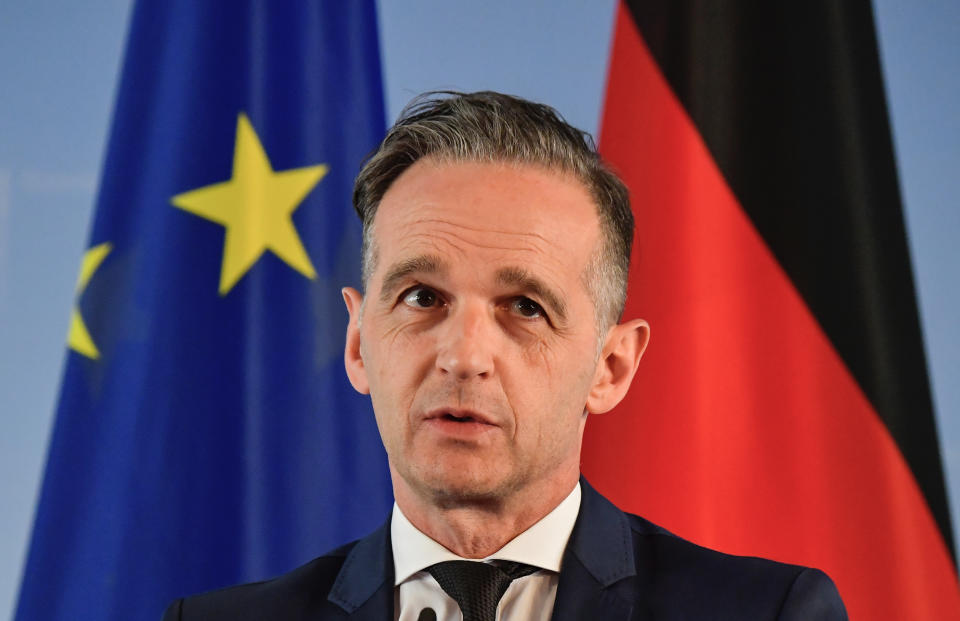 German Foreign Minister Heiko Maas delivers a statement following talks with EU Foreign Ministers in Berlin, Germany, Monday, June 15, 2020. (Tobias Schwarz/Pool via AP)
