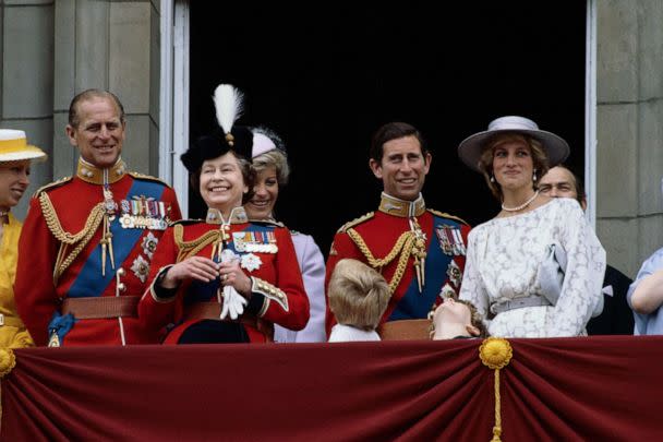 PHOTO: Queen Elizabeth II with (from left) Princess Anne, Prince Phillip, Princess Michael of Kent, Peter Phillips, Prince Charles and Diana, Princess of Wales at Buckingham Palace during the Trooping the Colour ceremony in London, June 11, 1983. (David Levenson/Getty Images, FILE)